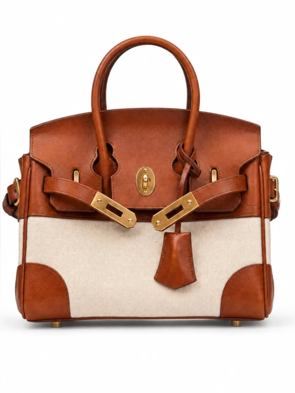 Velantra Brown Leather & Cream Canvas Top-Handle Satchel! NWT